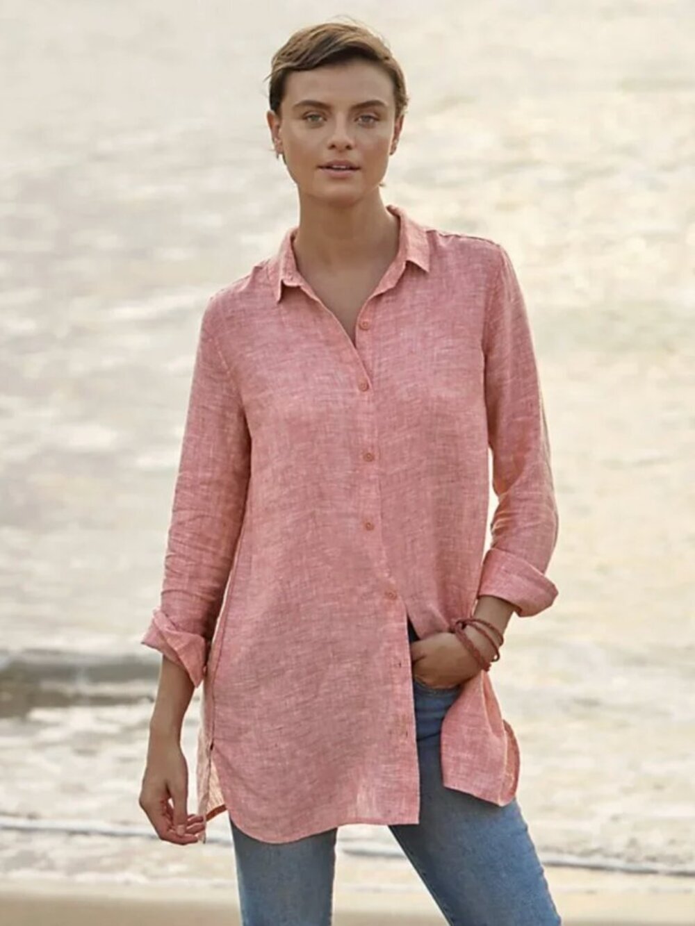 Garnett Hill Easy Linen Oversized Long Sleeve Button Down Tunic Nantucket Red, S